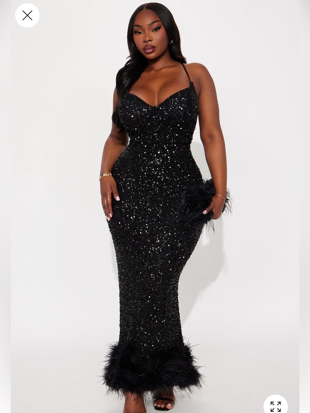 Fashion Nova Black Sequin Feather-Hem Maxi Dress